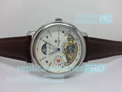 Copy Patek Philippe Grand Complications Moonphase White Dial Brown Leather Strap Watch